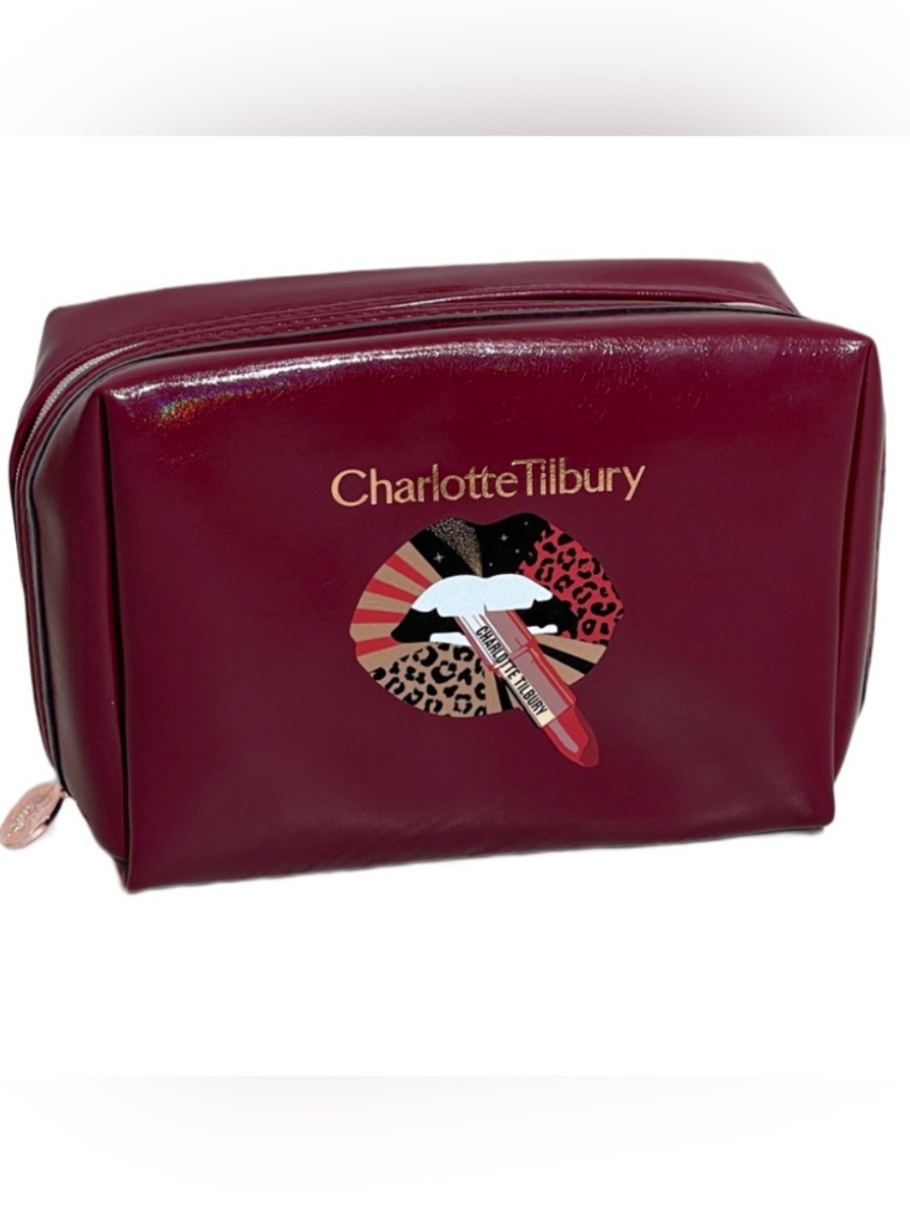 NWT Charlotte Tilbury Burgundy Faux Leather Cosmetic Makeup Toiletry Bag